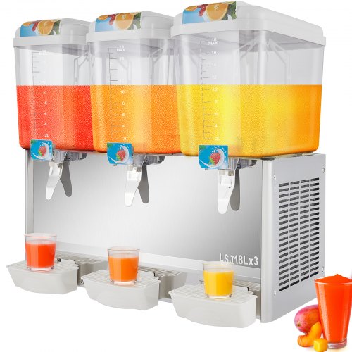 VEVOR 110V Commercial Beverage Dispenser,14.25 Gallon 54L 3 Tanks Juice Dispenser Commercial,18 Liter Per Tank 350W Stainless Steel Food Grade Material Ice Tea Drink Dispenser Equipped with Thermostat Controller