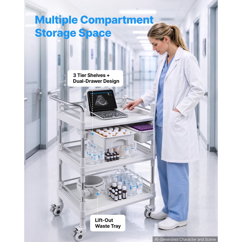 VEVOR Medical Cart Three-Tier Medical Trolley Cart with 2 Drawers 110.23lbs, for Clinic, Hospital, Beauty Salon, Lab, with a Waste Tray, Stable Support, Medical Trolley Cart with Casters and Handle