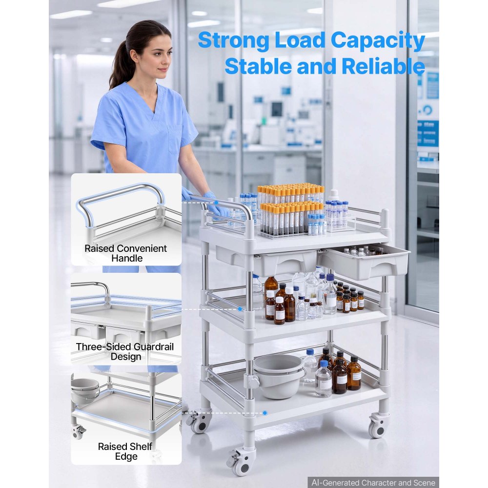 VEVOR Medical Cart Three-Tier Medical Trolley Cart with 2 Drawers 110.23lbs, for Clinic, Hospital, Beauty Salon, Lab, with a Waste Tray, Stable Support, Medical Trolley Cart with Casters and Handle