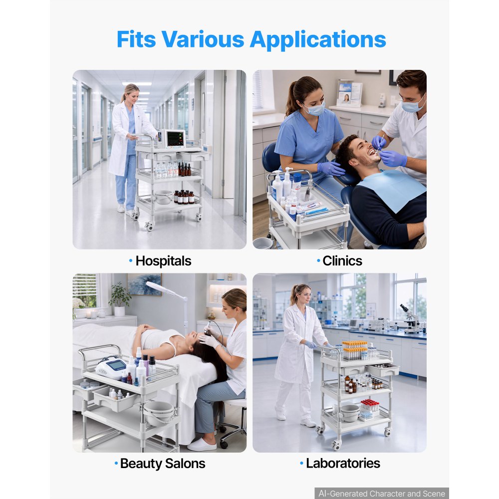 VEVOR Medical Cart Three-Tier Medical Trolley Cart with 2 Drawers 110.23lbs, for Clinic, Hospital, Beauty Salon, Lab, with a Waste Tray, Stable Support, Medical Trolley Cart with Casters and Handle