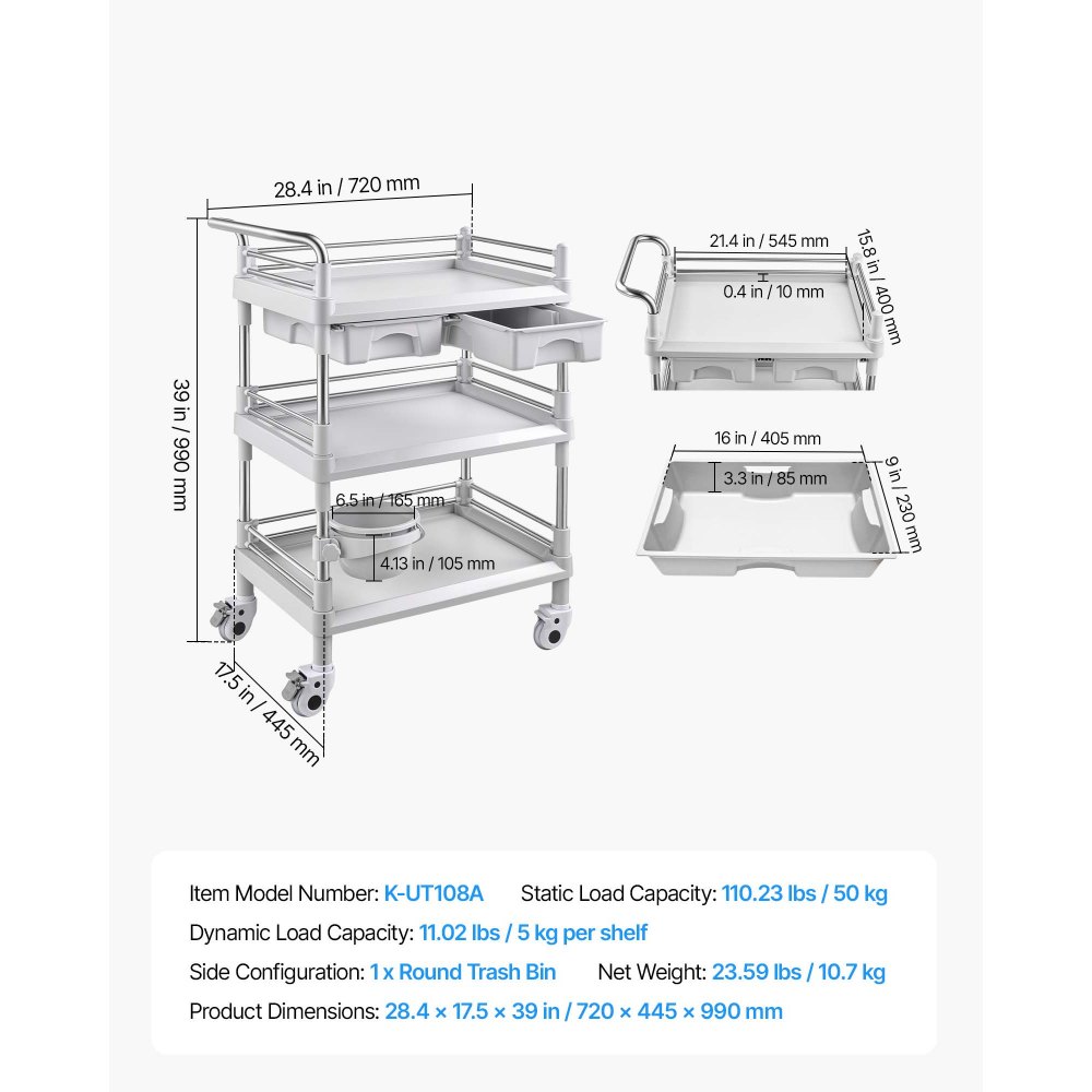 VEVOR Medical Cart Three-Tier Medical Trolley Cart with 2 Drawers 110.23lbs, for Clinic, Hospital, Beauty Salon, Lab, with a Waste Tray, Stable Support, Medical Trolley Cart with Casters and Handle