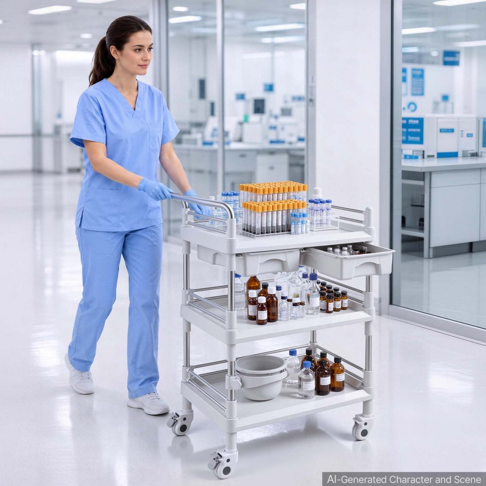 VEVOR Medical Cart Three-Tier Medical Trolley Cart with 2 Drawers 110.23lbs, for Clinic, Hospital, Beauty Salon, Lab, with a Waste Tray, Stable Support, Medical Trolley Cart with Casters and Handle