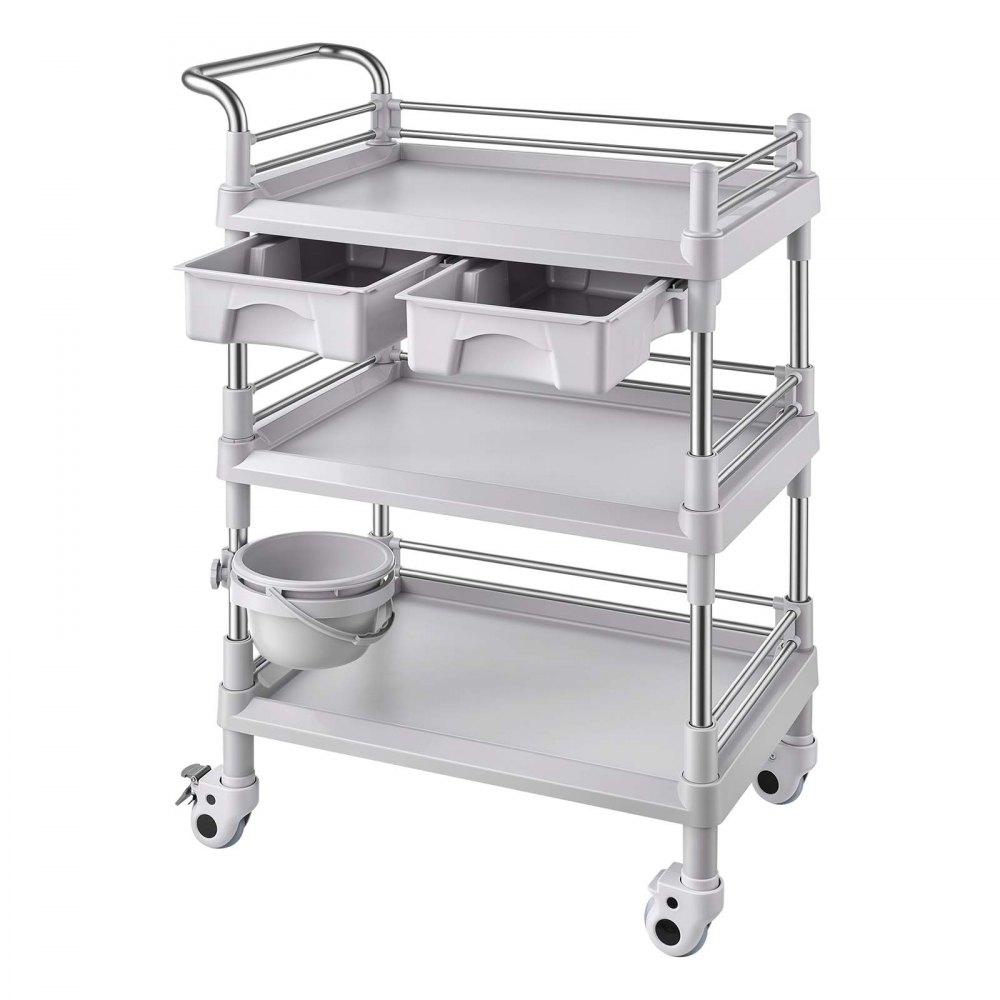 VEVOR Medical Cart Three-Tier Medical Trolley Cart with 2 Drawers 110.23lbs, for Clinic, Hospital, Beauty Salon, Lab, with a Waste Tray, Stable Support, Medical Trolley Cart with Casters and Handle