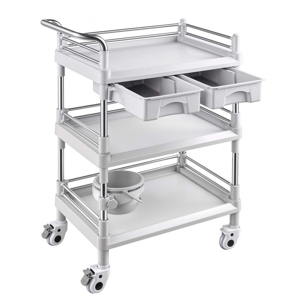 VEVOR Medical Cart Three-Tier Medical Trolley Cart with 2 Drawers 110.23lbs, for Clinic, Hospital, Beauty Salon, Lab, with a Waste Tray, Stable Support, Medical Trolley Cart with Casters and Handle