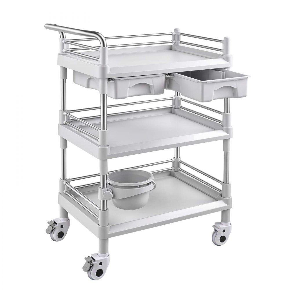VEVOR Medical Cart Three-Tier Medical Trolley Cart with 2 Drawers 110.23lbs, for Clinic, Hospital, Beauty Salon, Lab, with a Waste Tray, Stable Support, Medical Trolley Cart with Casters and Handle