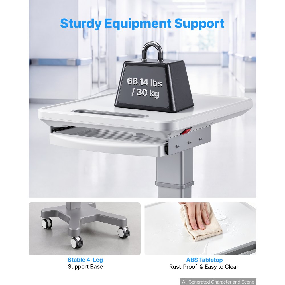 VEVOR Medical Cart 30 kg Max Load Electric Lift Medical Trolley Cart, for Clinic, Hospital, Laboratory, Stable Support, Adjustable Height, Silent Rolling Trolley with 360° Swivel Lockable Wheels