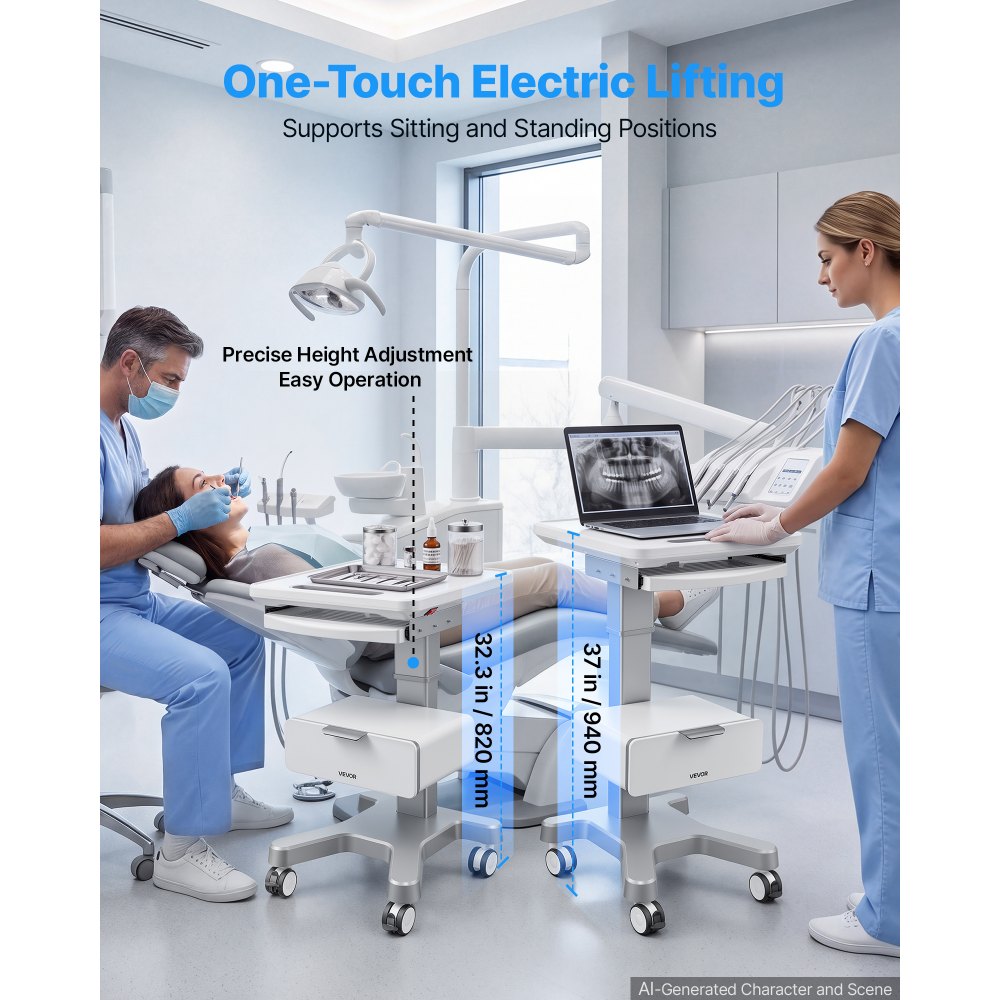 VEVOR Medical Cart 30 kg Max Load Electric Lift Medical Trolley Cart, for Clinic, Hospital, Laboratory, Stable Support, Adjustable Height, Silent Rolling Trolley with 360° Swivel Lockable Wheels