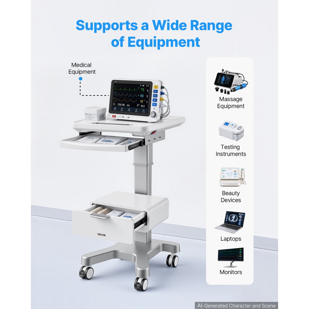 VEVOR Medical Cart 30 kg Max Load Electric Lift Medical Trolley Cart, for Clinic, Hospital, Laboratory, Stable Support, Adjustable Height, Silent Rolling Trolley with 360° Swivel Lockable Wheels
