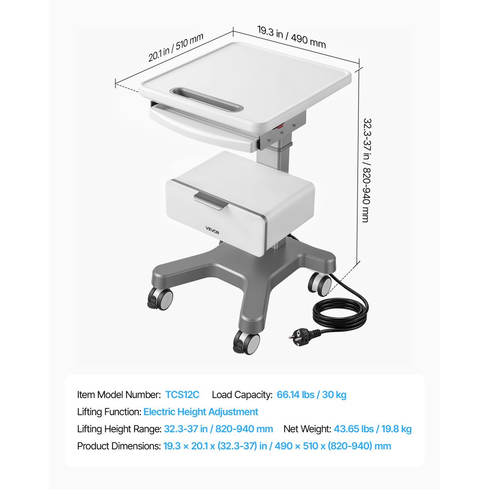 VEVOR Medical Cart 30 kg Max Load Electric Lift Medical Trolley Cart, for Clinic, Hospital, Laboratory, Stable Support, Adjustable Height, Silent Rolling Trolley with 360° Swivel Lockable Wheels