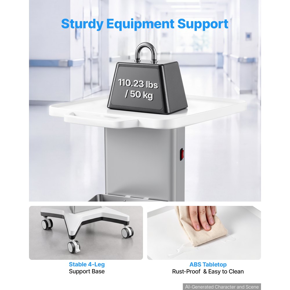 VEVOR Medical Cart 50 kg Max Load Electric Lift Medical Trolley Cart, for Clinic, Hospital, Laboratory, Stable Support, Adjustable Height, Silent Rolling Trolley with 360° Swivel Lockable Wheels