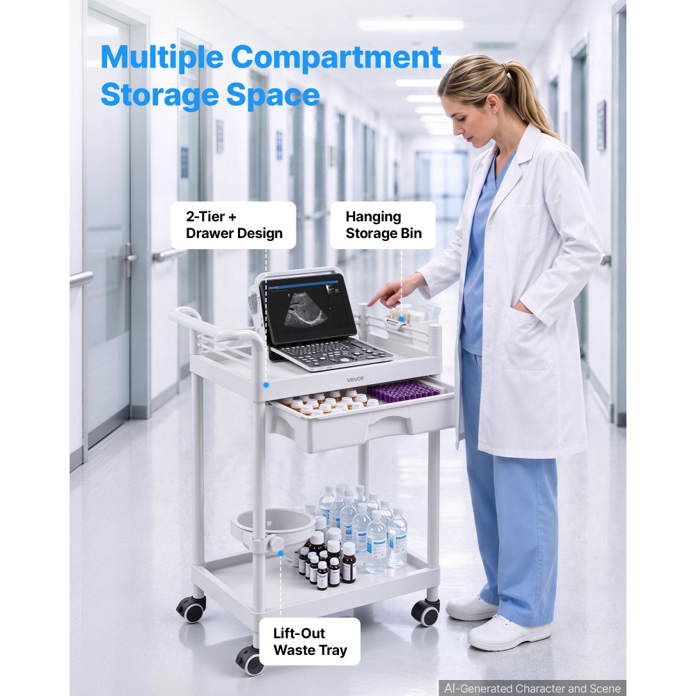 VEVOR Medical Cart Two-Tier Medical Trolley Cart with Drawer 110.23 lbs, for Clinic, Hospital, Beauty Salon, Lab, with Storage Bin and Waste Tray, Stable Support, Medical Trolley Cart with Casters