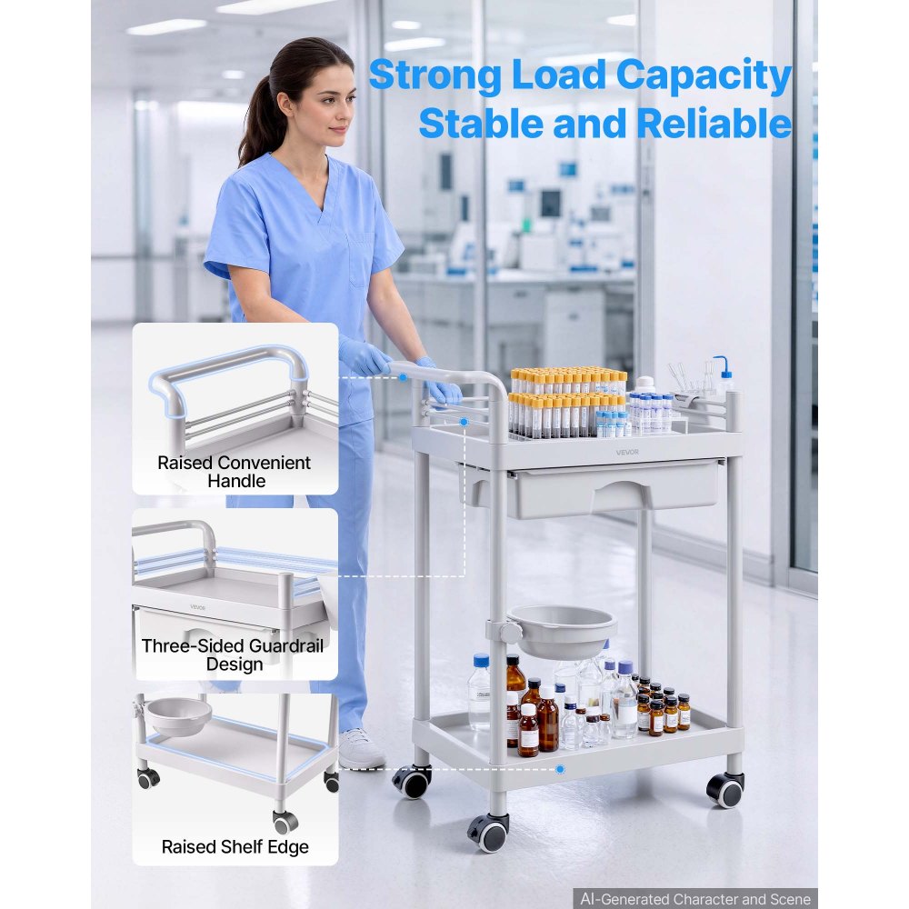 VEVOR Medical Cart Two-Tier Medical Trolley Cart with Drawer 110.23 lbs, for Clinic, Hospital, Beauty Salon, Lab, with Storage Bin and Waste Tray, Stable Support, Medical Trolley Cart with Casters