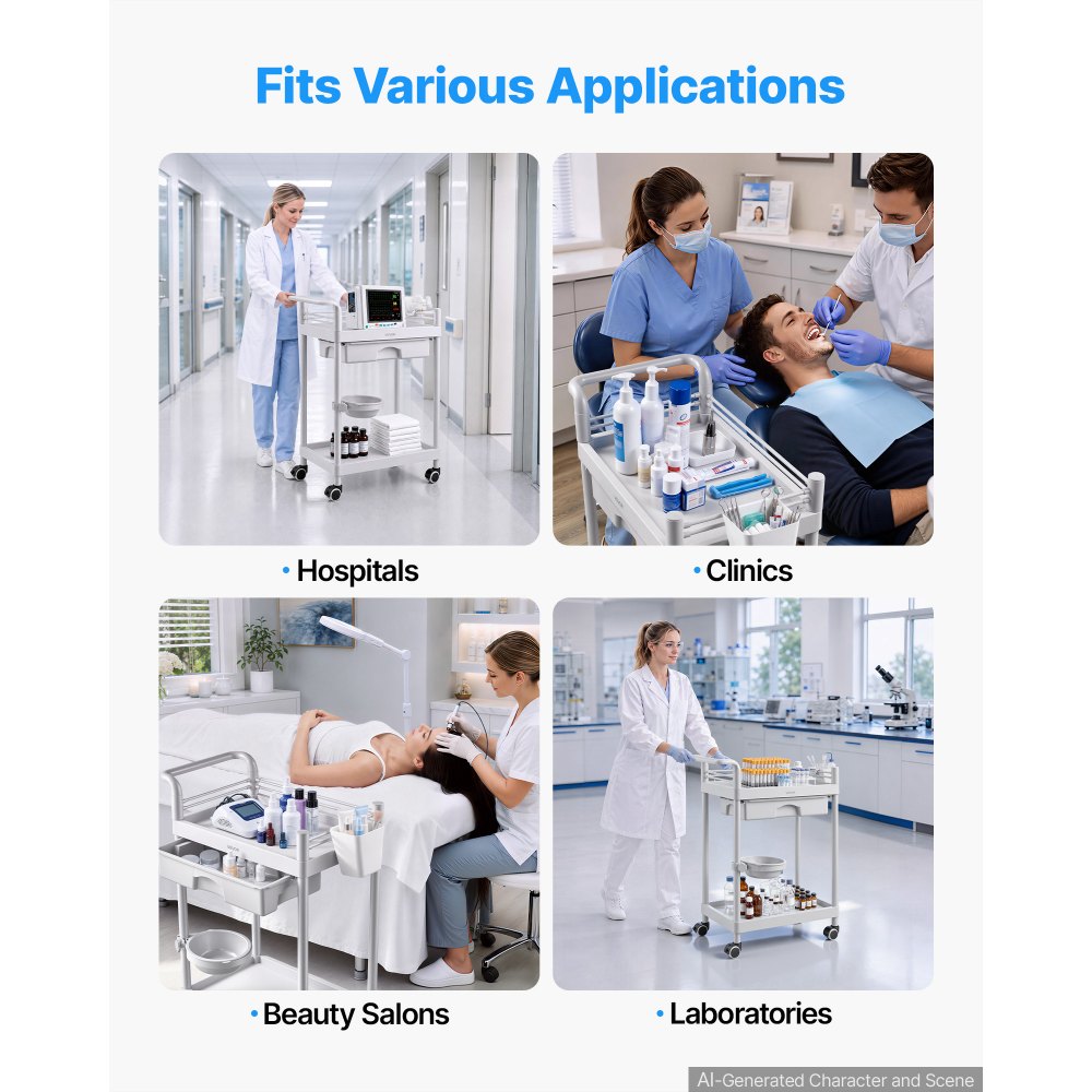 VEVOR Medical Cart Two-Tier Medical Trolley Cart with Drawer 110.23 lbs, for Clinic, Hospital, Beauty Salon, Lab, with Storage Bin and Waste Tray, Stable Support, Medical Trolley Cart with Casters