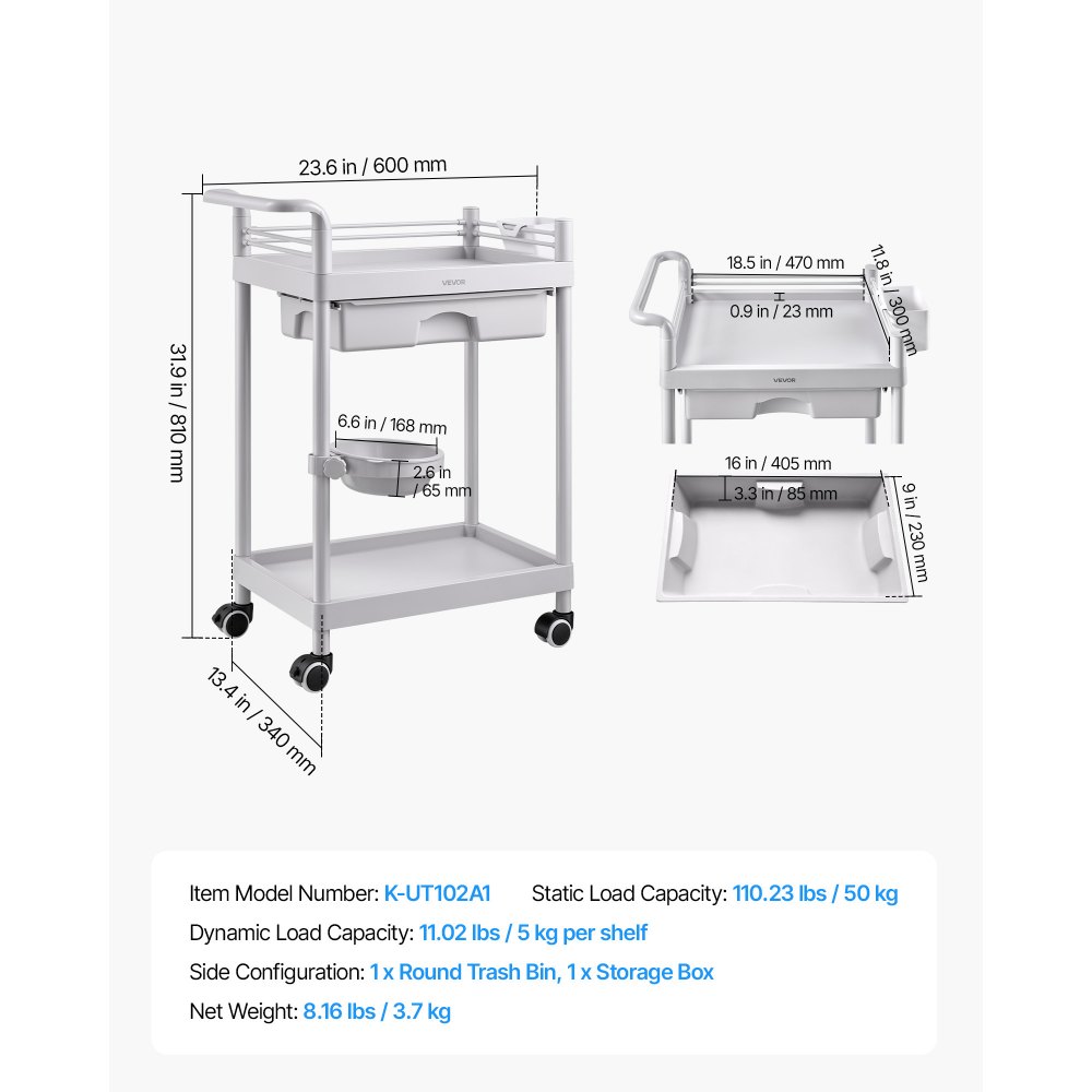 VEVOR Medical Cart Two-Tier Medical Trolley Cart with Drawer 110.23 lbs, for Clinic, Hospital, Beauty Salon, Lab, with Storage Bin and Waste Tray, Stable Support, Medical Trolley Cart with Casters