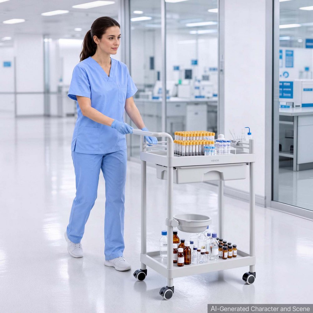 VEVOR Medical Cart Two-Tier Medical Trolley Cart with Drawer 110.23 lbs, for Clinic, Hospital, Beauty Salon, Lab, with Storage Bin and Waste Tray, Stable Support, Medical Trolley Cart with Casters