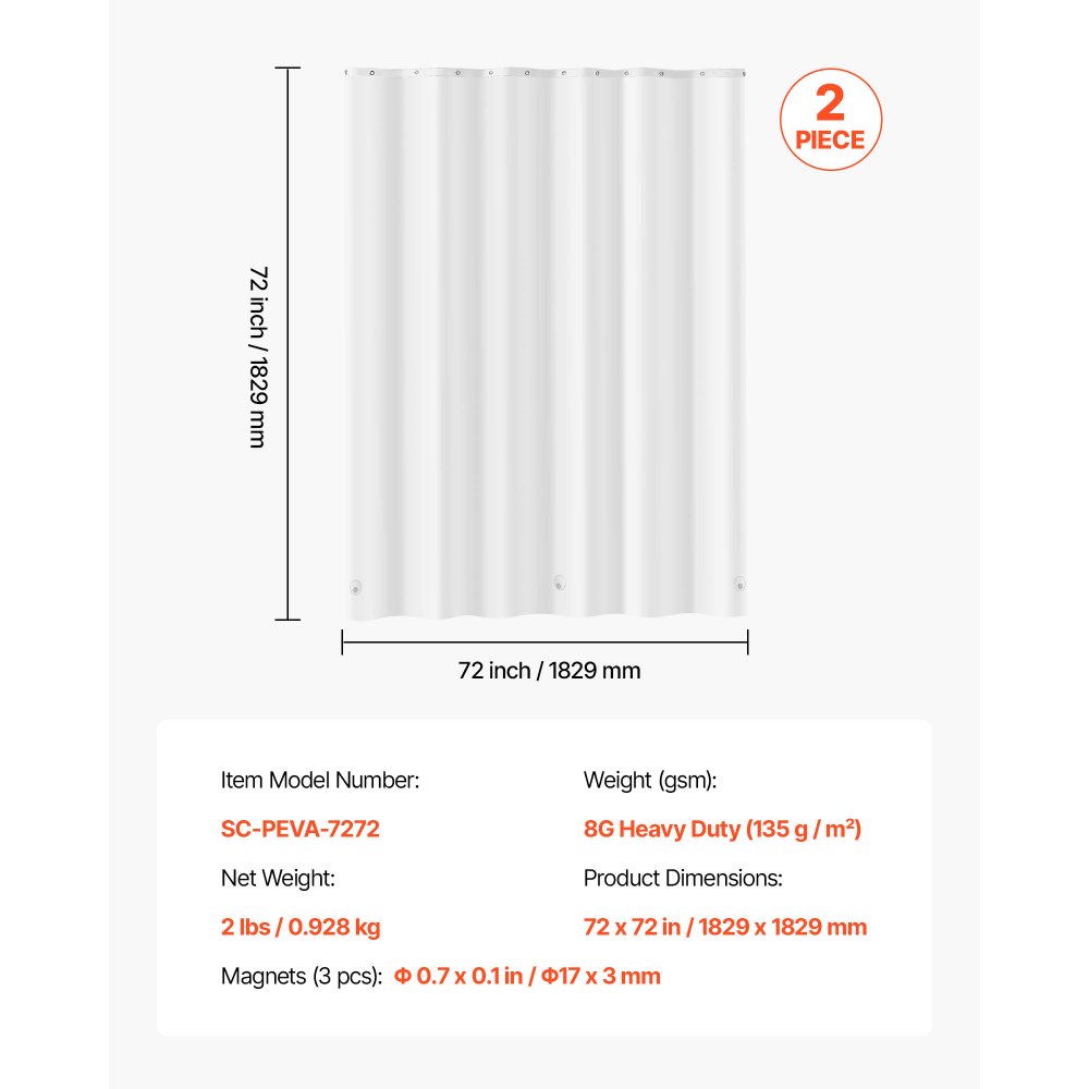 VEVOR Shower Curtain Liner, 8G Heavy-Duty PEVA Shower Liner, 2-Pack Waterproof Plastic Liners with 3 Magnets and 12 Rust-Resistant Metal Grommet, for Bathroom Showers & Bath Tubs, 72 x 72 in (White)