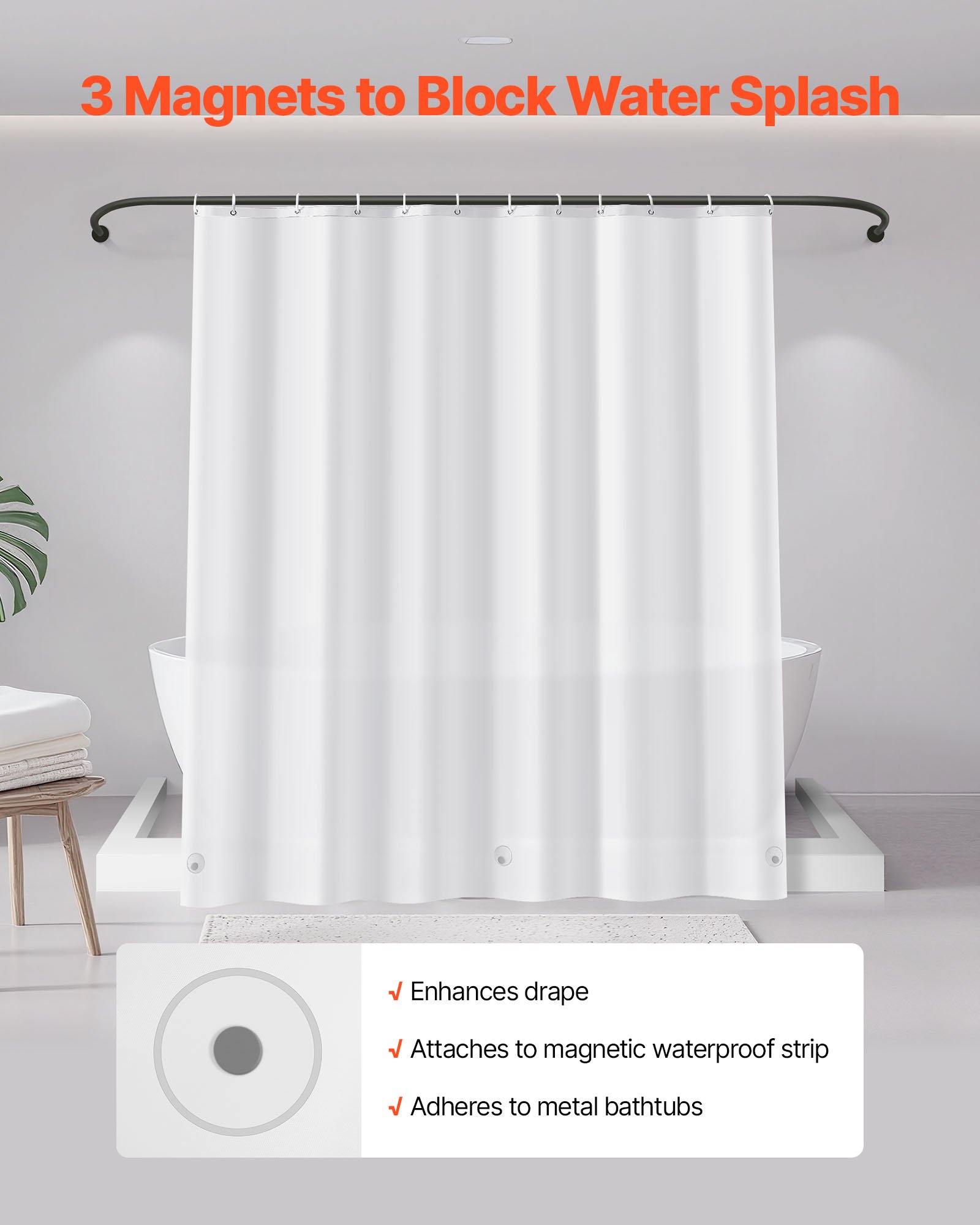 VEVOR Shower Curtain Liner, 8G Heavy-Duty PEVA Shower Liner, 2-Pack Waterproof Plastic Liners with 3 Magnets and 12 Rust-Resistant Metal Grommet, for Bathroom Showers & Bath Tubs, 72 x 72 in (White)