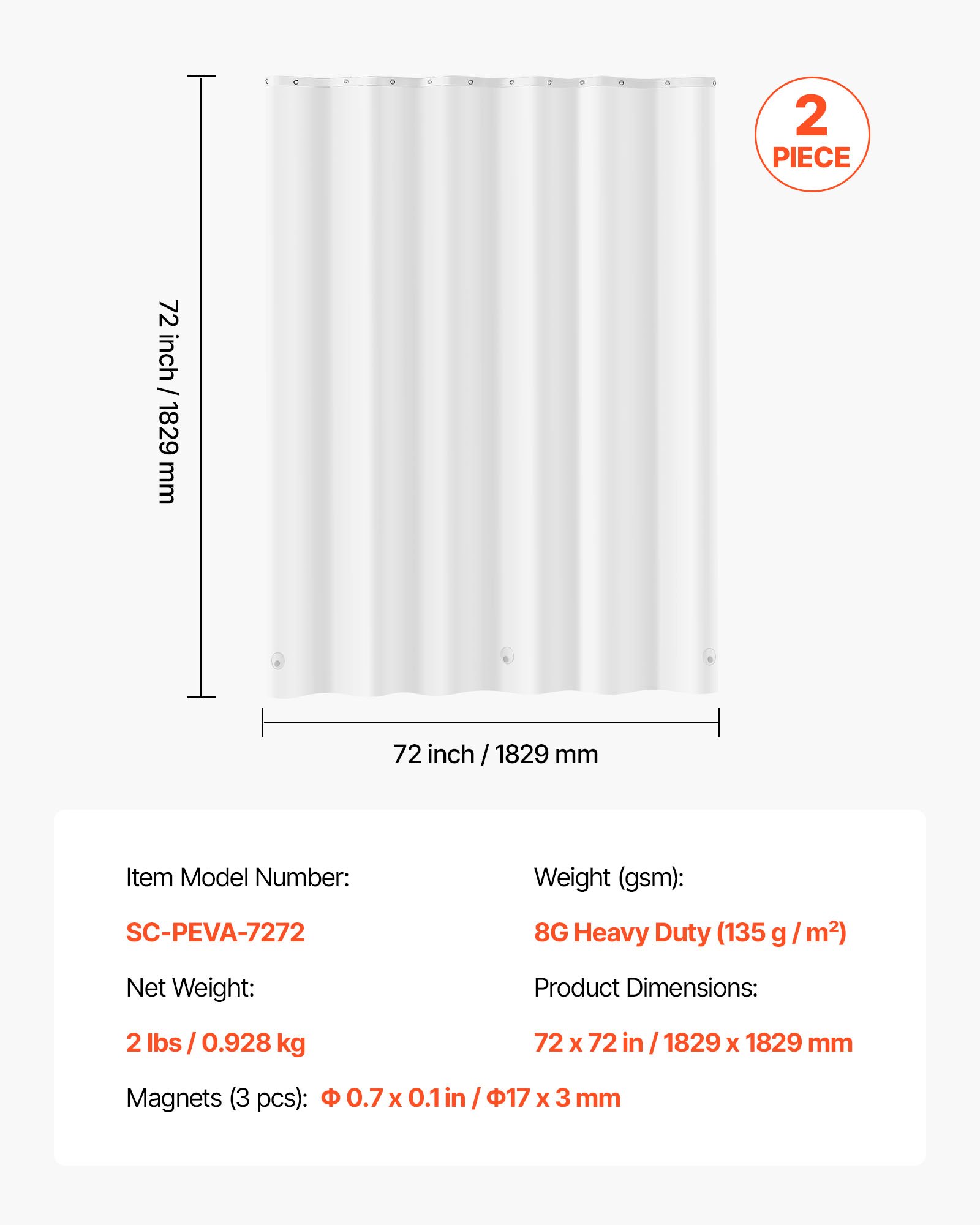 VEVOR Shower Curtain Liner, 8G Heavy-Duty PEVA Shower Liner, 2-Pack Waterproof Plastic Liners with 3 Magnets and 12 Rust-Resistant Metal Grommet, for Bathroom Showers & Bath Tubs, 72 x 72 in (White)