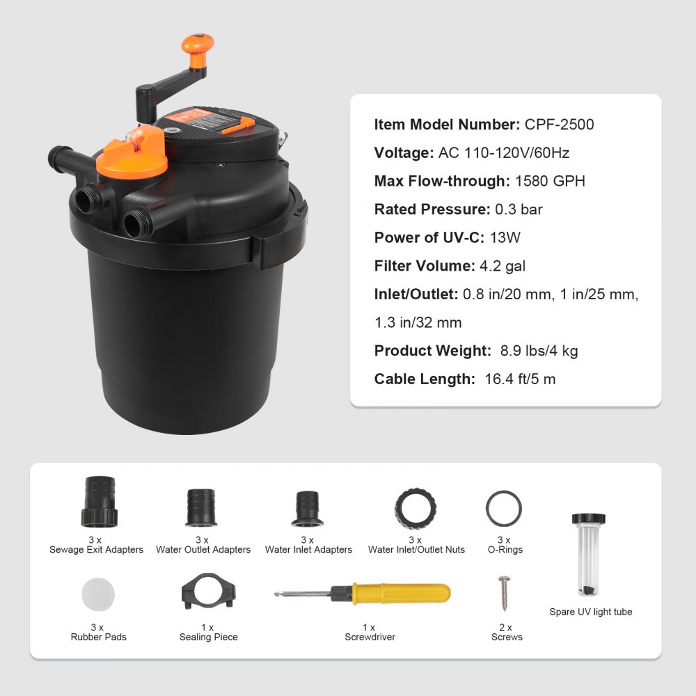 VEVOR Bio Pressure Pond Filter, Up to 1600 Gallons, with 13W UV-C Light, 1580 GPH, Pressurized Biological Pond Filter System Filtration Equipment for Fountain Pool, Koi Fish Aquarium Tank Garden Water