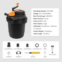 VEVOR Bio Pressure Pond Filter, Up to 1600 Gallons, with 13W UV-C Light, 1580 GPH, Pressurized Biological Pond Filter System Filtration Equipment for Fountain Pool, Koi Fish Aquarium Tank Garden Water