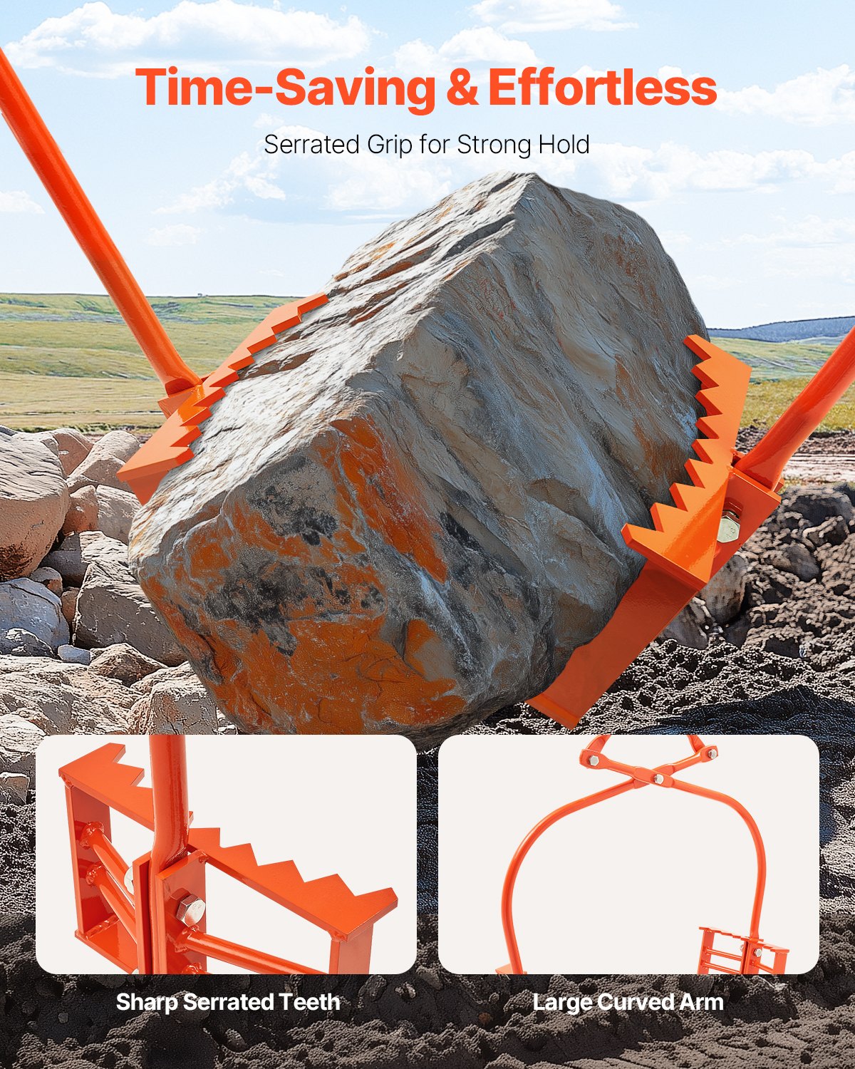 VEVOR 609mm Stone Lifting Tongs, 2-Claw Rock Tongs, Heavy Duty Steel Log Tongs, 500KG Lifting Capacity, Swivel Log Grapple, Serrated Claw Design, Easy Chain Hook up Tongs for Stone Blocks & Marble