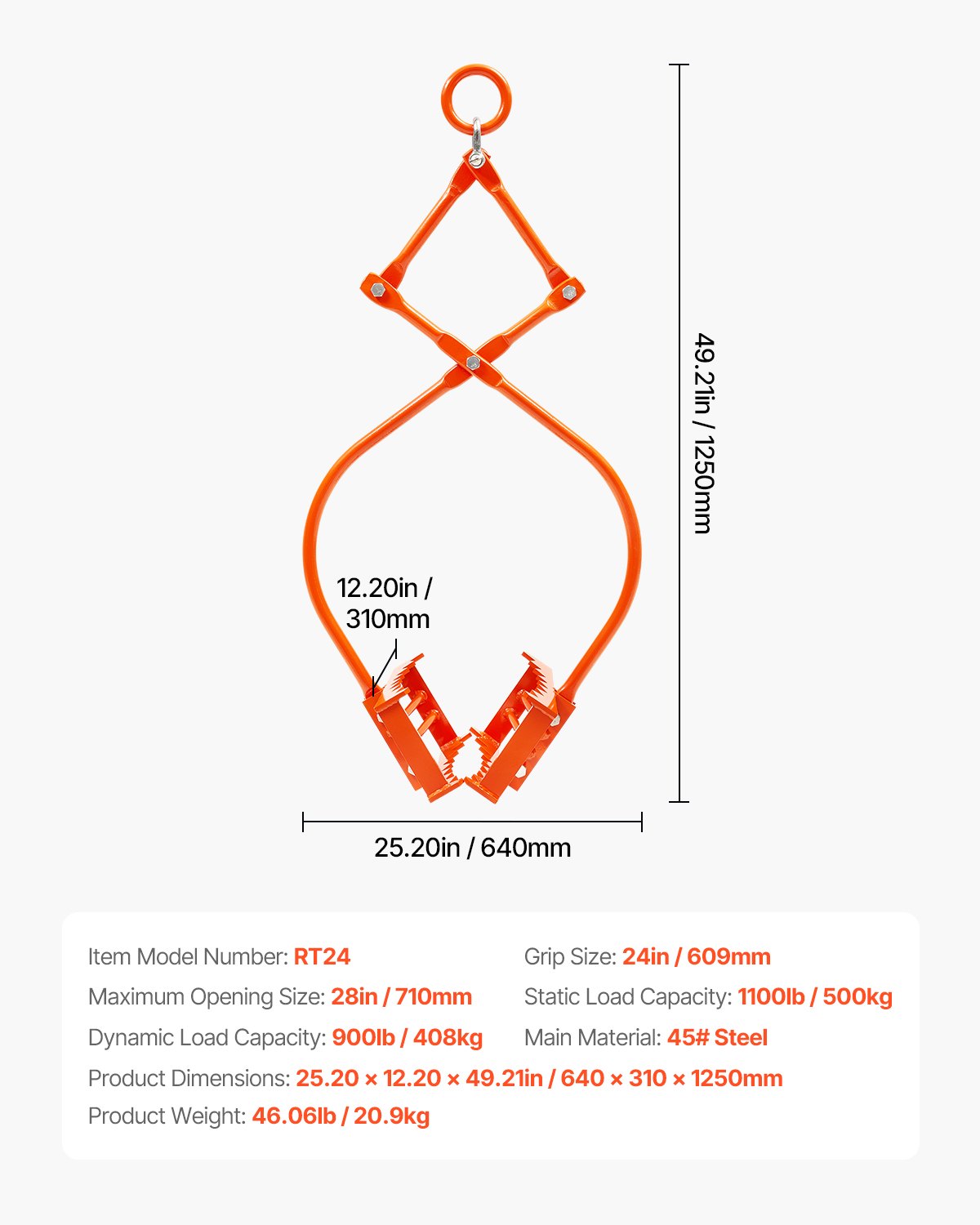 VEVOR 609mm Stone Lifting Tongs, 2-Claw Rock Tongs, Heavy Duty Steel Log Tongs, 500KG Lifting Capacity, Swivel Log Grapple, Serrated Claw Design, Easy Chain Hook up Tongs for Stone Blocks & Marble