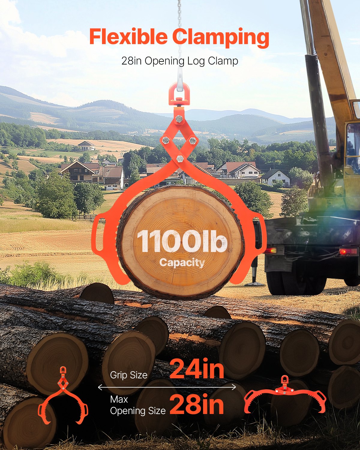 VEVOR 28in Log Lifting Tongs 2 Claw  Solid Steel Log Grapple Swivel Log Lifter