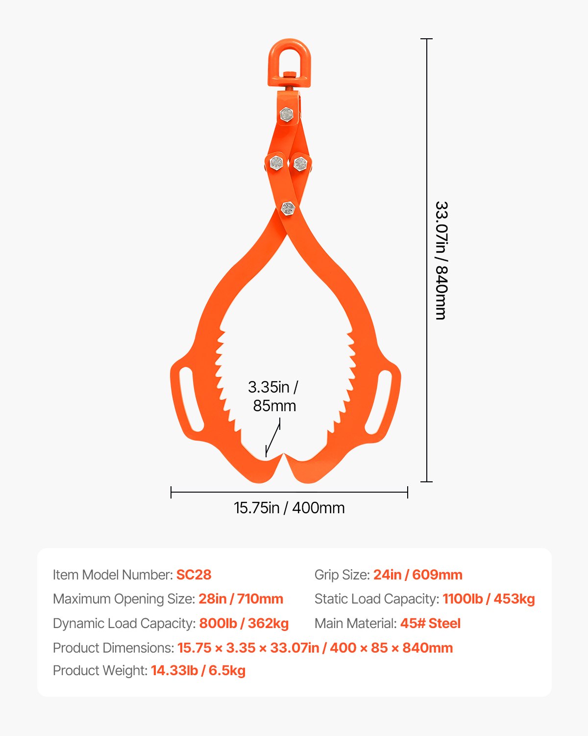 VEVOR 609mm Log Lifting Tongs, 2-Claw Log Tongs, Heavy Duty Steel Log Grapple, 500KG Lifting Capacity, Swivel Log Graper Timber, Eagle Claw Design, Log Skidding Tongs for Trucks, Tractors, Forklifts