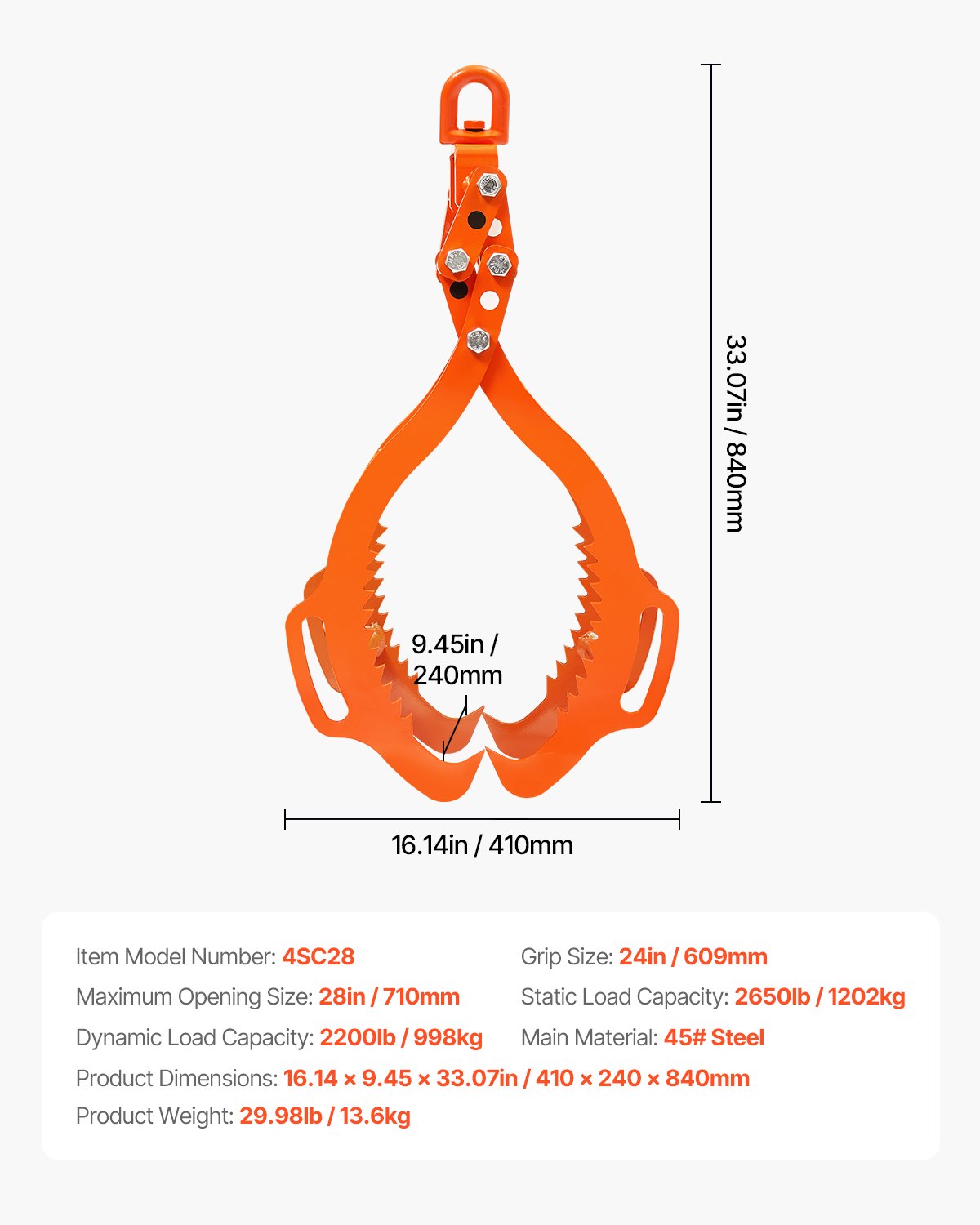 VEVOR 28in Log Lifting Tongs 4 Claw Solid Steel Log Grapple Swivel Log Tools