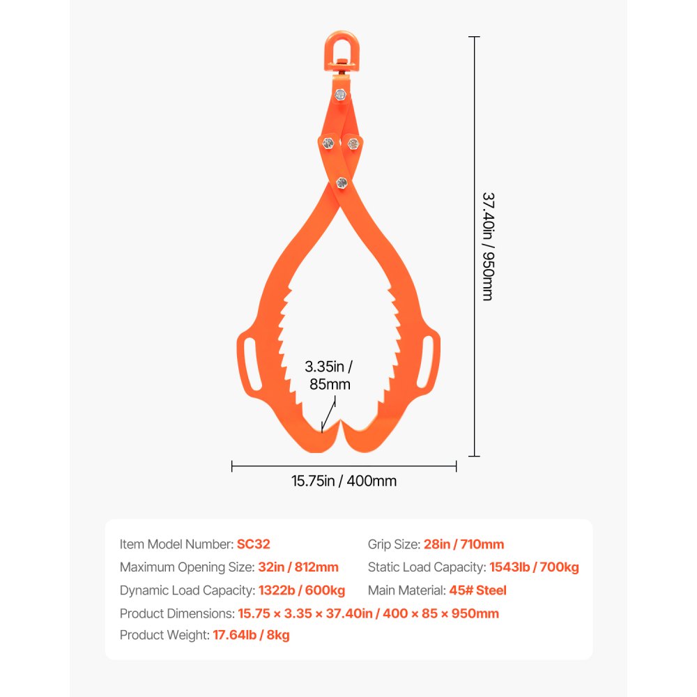 VEVOR 710mm Log Lifting Tongs, 2-Claw Log Tongs, Heavy Duty Steel Log Grapple, 700KG Lifting Capacity, Swivel Log Graper Timber, Eagle Claw Design, Log Skidding Tongs for Trucks, Tractors, Forklifts