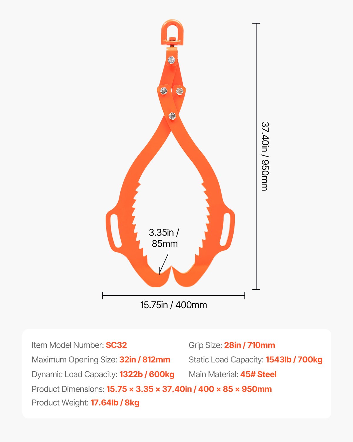 VEVOR 710mm Log Lifting Tongs, 2-Claw Log Tongs, Heavy Duty Steel Log Grapple, 700KG Lifting Capacity, Swivel Log Graper Timber, Eagle Claw Design, Log Skidding Tongs for Trucks, Tractors, Forklifts