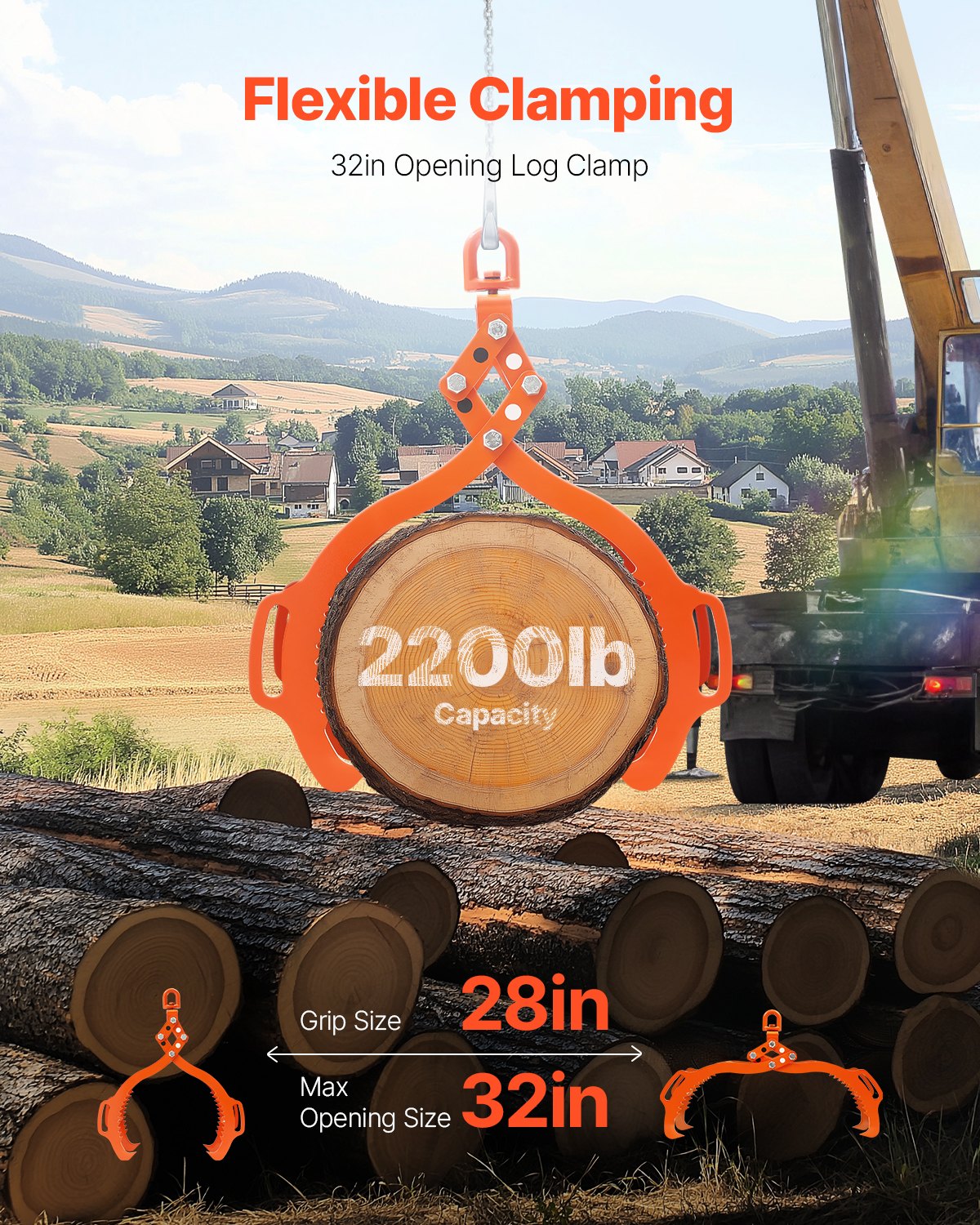 VEVOR 32in Log Lifting Tongs 4 Claw Solid Steel Log Grapple Swivel Log Tools