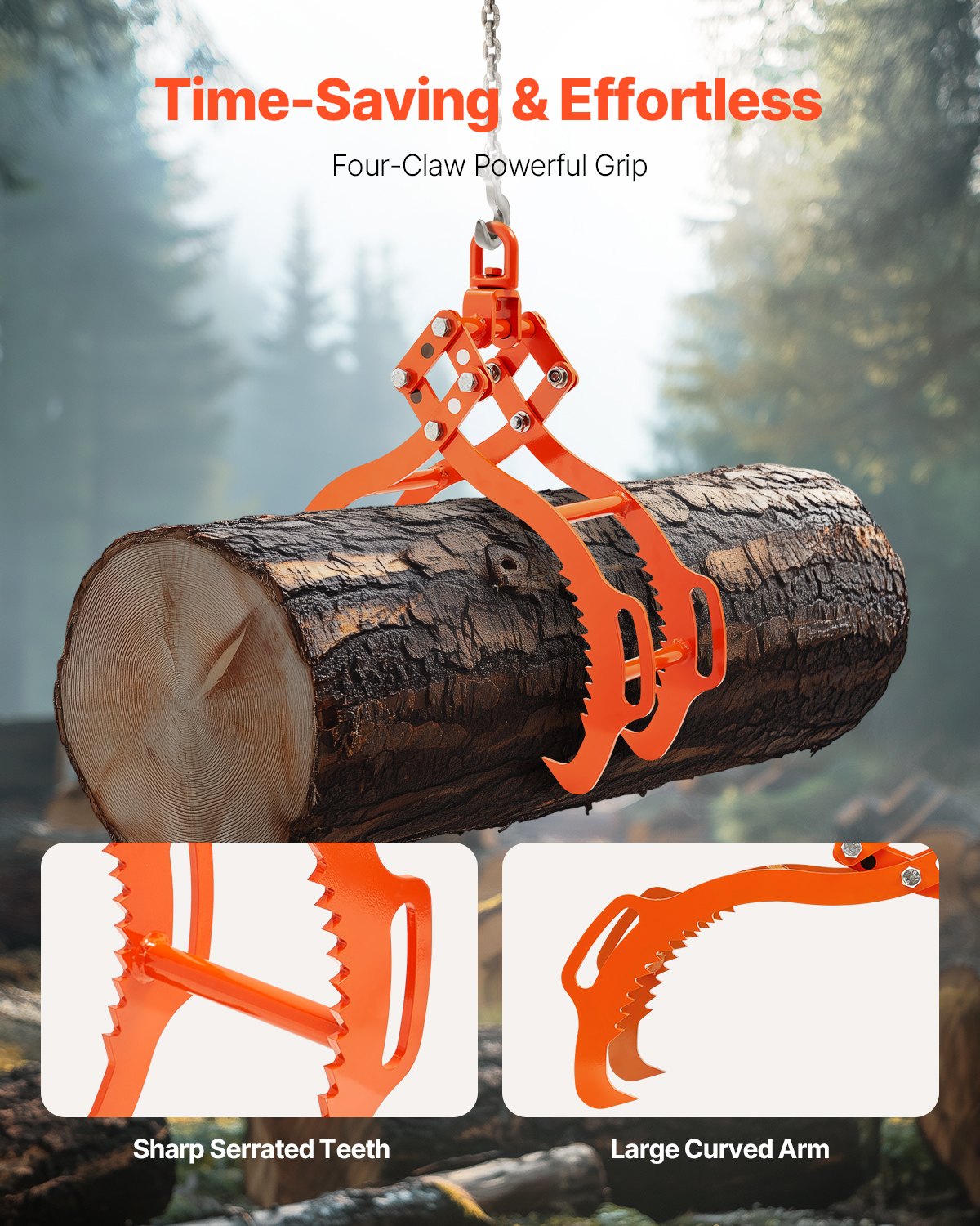 VEVOR 32in Log Lifting Tongs 4 Claw Solid Steel Log Grapple Swivel Log Tools