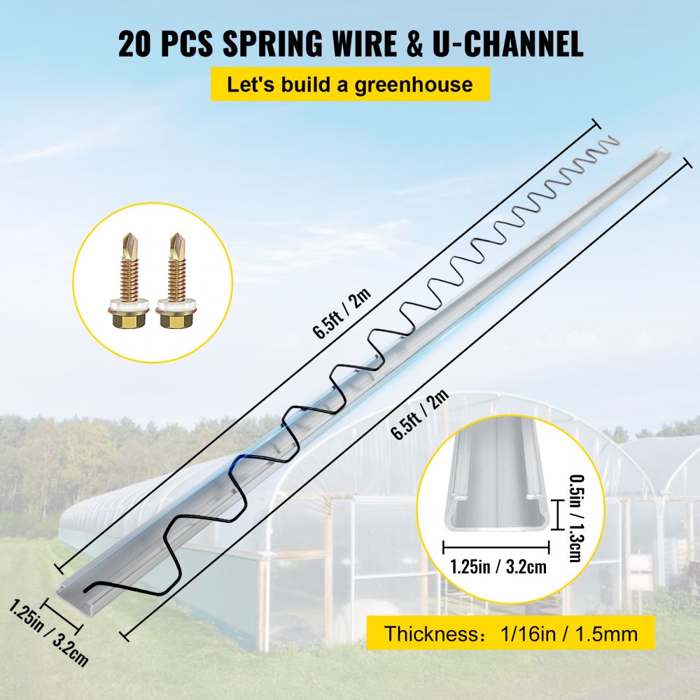 VEVOR Spring Wire and Lock Channel,6.56ft Spring Lock & U-Channel Bundle  for Greenhouse, 20 Packs PE Coated Spring Wire & Aluminum Alloy Channel,  Plastic Poly Film or Shade Cloth Attachment w/Screws
