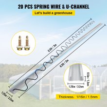 VEVOR Spring Wire and Lock Channel,2 m Spring Lock & U-Channel Bundle for Greenhouse, 20 Packs PE Coated Spring Wire & Aluminum Alloy Channel, Plastic Poly Film or Shade Cloth Attachment with Screw