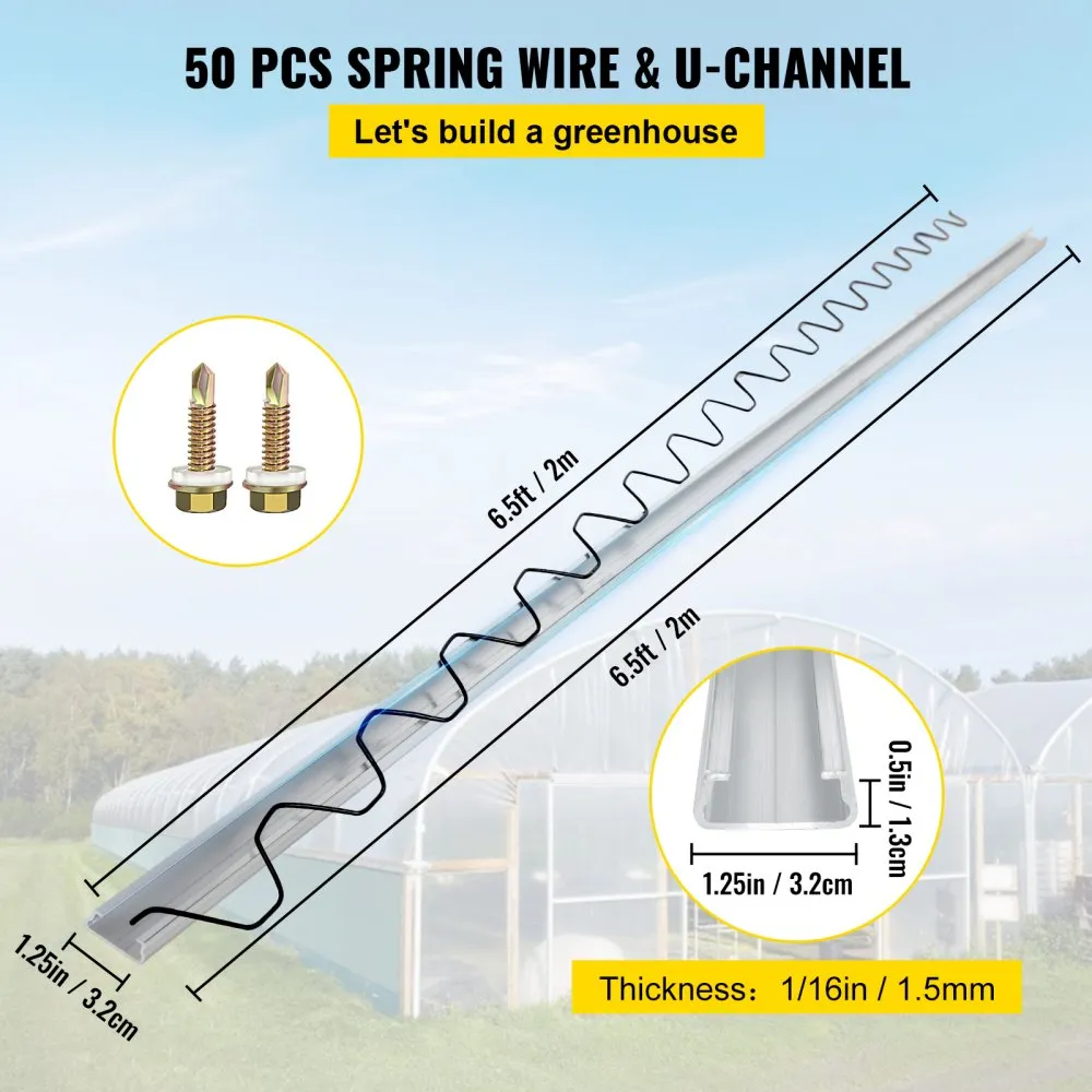 VEVOR Spring Wire and Lock Channel, 6.56ft Spring Lock & U-Channel Bundle for Greenhouse, 50 Packs PE Coated Spring Wire & Aluminum Alloy Channel, Plastic Poly Film or Shade Cloth Attachment with Scre