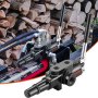 VEVOR hydraulic valve with dual levers and hoses set against a background of stacked wood logs.