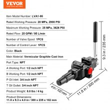 VEVOR Hydraulic Valve 1 Spool, 25 GPM Hydraulic Directional Control Valve, 25 Mpa / 3626 PSI Hydraulic Loader Valve, Solid Cast Iron Directional Control Valve for Small Tractors, Loaders, Log Splitter