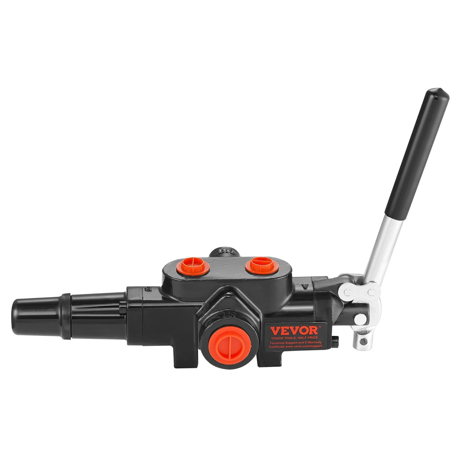 VEVOR hydraulic valve with black body, red caps, and lever handle, designed for precision hydraulic control.