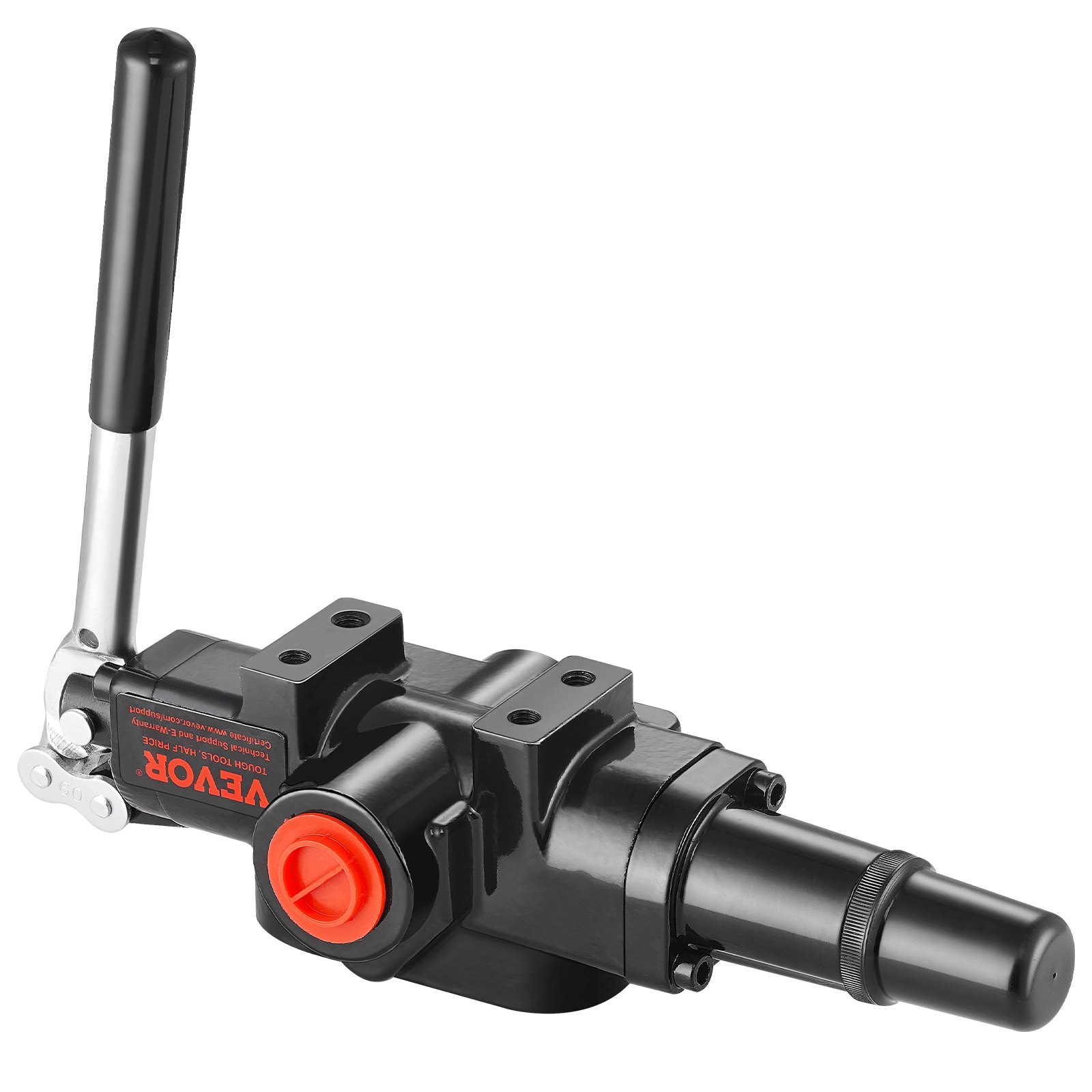 VEVOR hydraulic valve with black and red components and a lever handle.