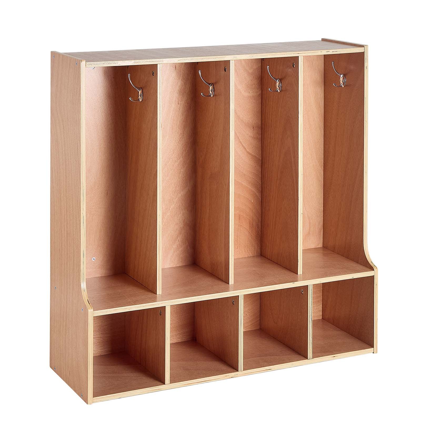 VEVOR 4-Section Kids Coat Locker, Wooden Toddler Cubby Storage Organizer with 8 Hooks & Non-Slip Mat, Modern Kid Coat Cubbies with 4 Small Open Storage Boxes for Home, Kindergarten, Daycare, Natural