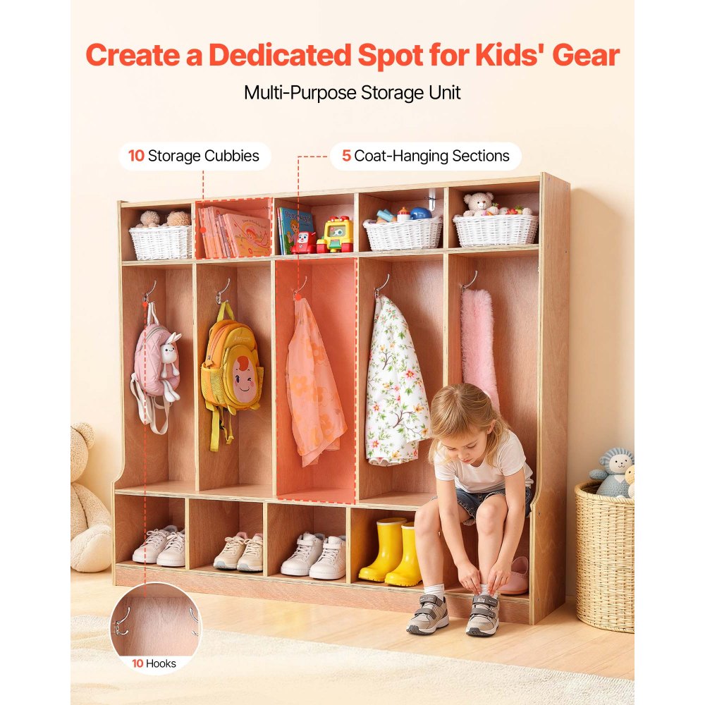VEVOR 5-Section Kids Coat Locker, Wooden Toddler Cubby Storage Organizer with 10 Hooks & Non-Slip Mat, Modern Kid Coat Cubbies with 10 Small Open Storage Boxes for Home, Kindergarten, Daycare, Natural