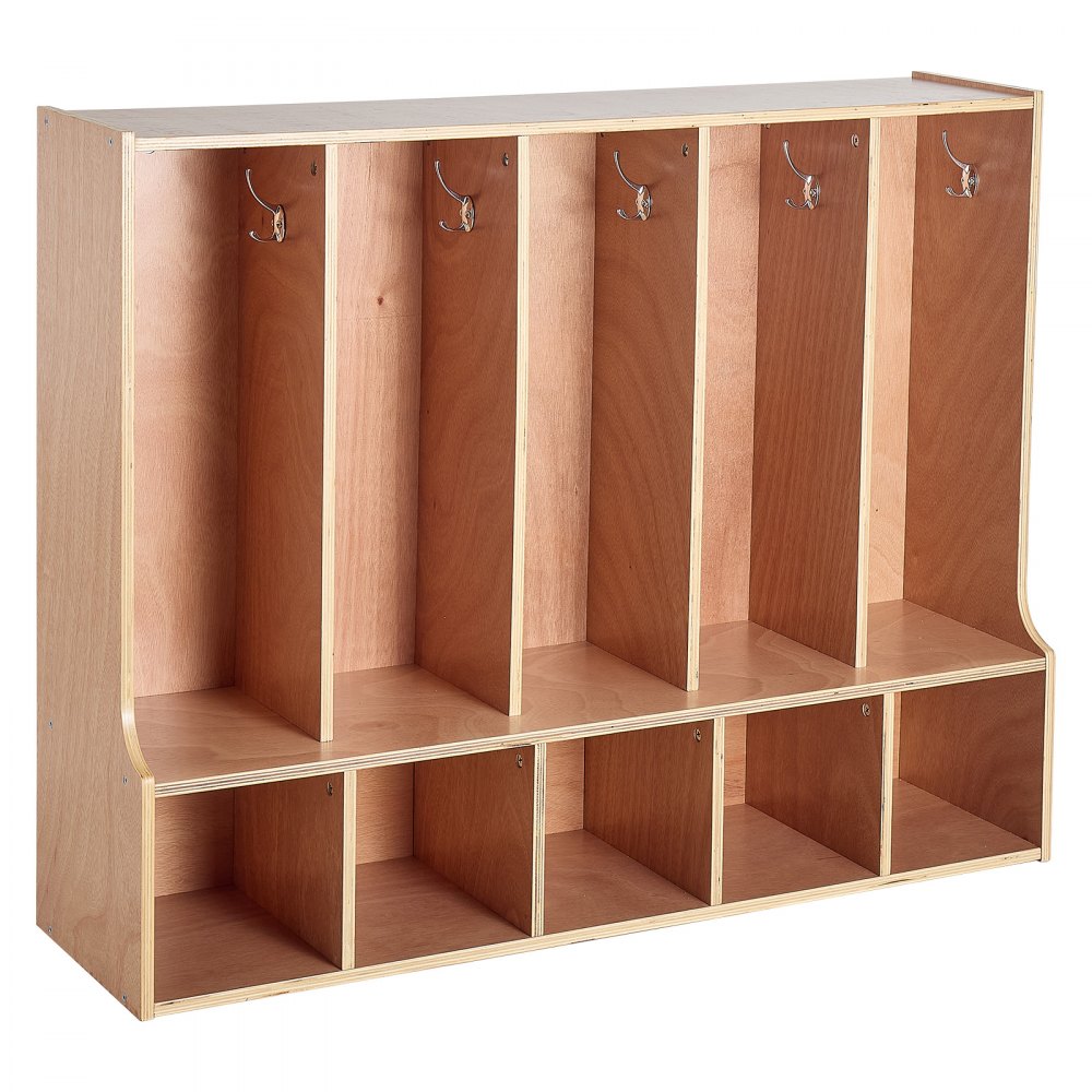 VEVOR 5-Section Kids Coat Locker, Wooden Toddler Cubby Storage Organizer with 10 Hooks & Non-Slip Mat, Modern Kid Coat Cubbies with 5 Small Open Storage Boxes for Home, Kindergarten, Daycare, Natural