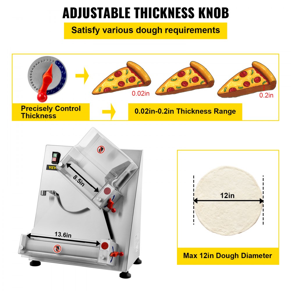 VEVOR Pizza Dough Roller Sheeter, Max 12\" Automatic Commercial Dough Roller Sheeter, 370W Electric Pizza Dough Roller Stainless Steel, Suitable for Noodle Pizza Bread and Pasta Maker Equipment