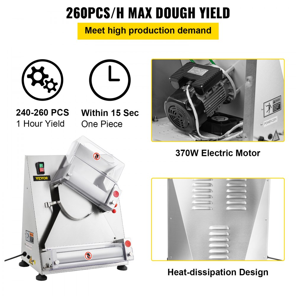 VEVOR Pizza Dough Roller Sheeter, Max 12\" Automatic Commercial Dough Roller Sheeter, 370W Electric Pizza Dough Roller Stainless Steel, Suitable for Noodle Pizza Bread and Pasta Maker Equipment