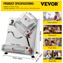 VEVOR Pizza Dough Roller Sheeter, Max 12" Automatic Commercial Dough Roller Sheeter, 370W Electric Pizza Dough Roller Stainless Steel, Suitable for Noodle Pizza Bread and Pasta Maker Equipment