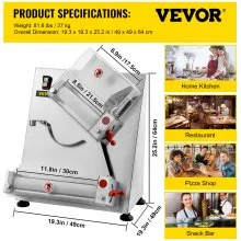 VEVOR Pizza Dough Roller Sheeter, Max 12" Automatic Commercial Dough Roller Sheeter, 370W Electric Pizza Dough Roller Stainless Steel, Suitable for Noodle Pizza Bread and Pasta Maker Equipment