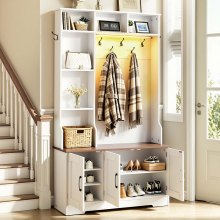 VEVOR Hall Tree with Bench and Shoe Storage, 39" Wide, Entryway Hall Tree with Bench, Hanging Hooks, Storage Shelves, Adjustable Shoe Shelves, LED Light, Wooden, for Mudroom, Entryway, Hallway, White