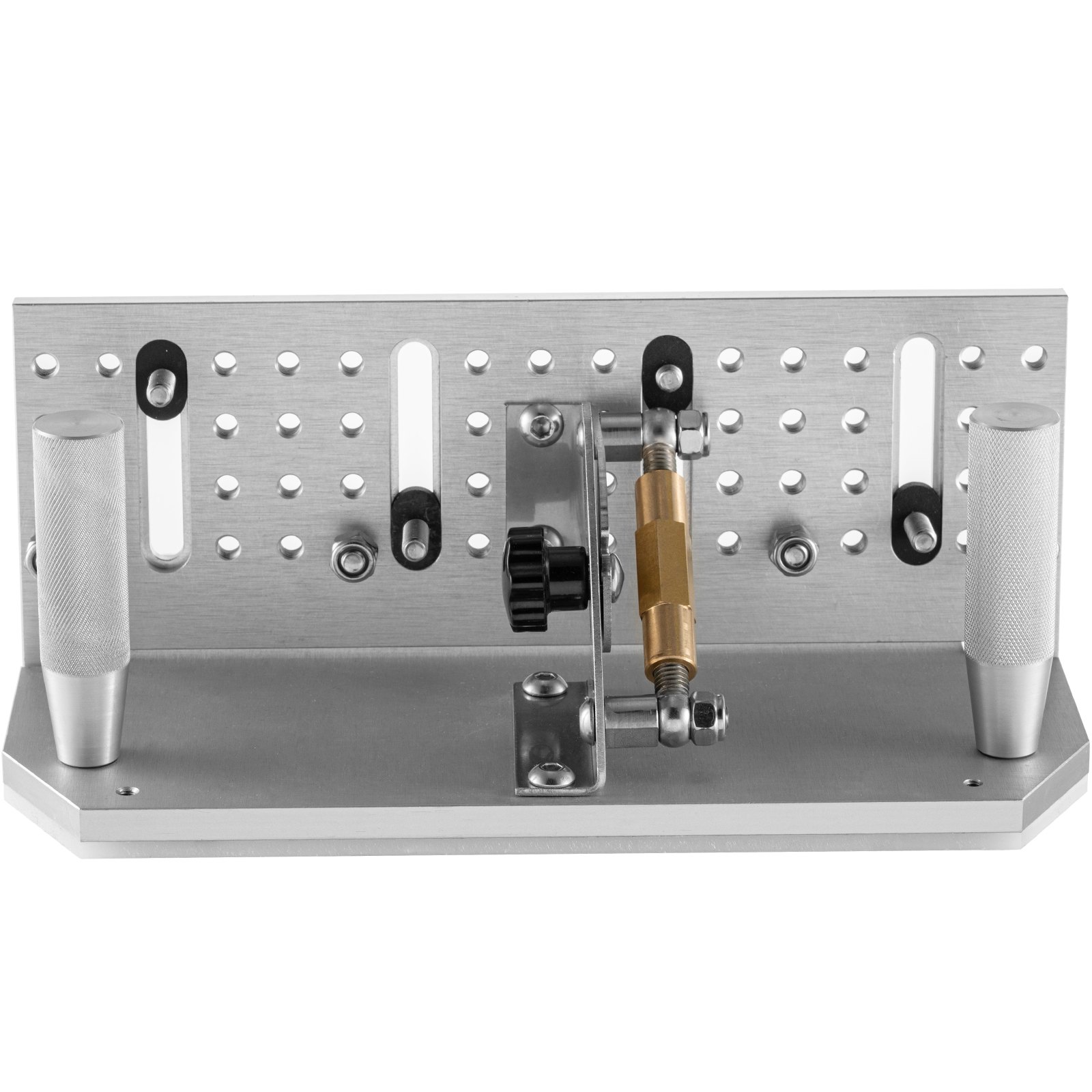 VEVOR belt grinder knife jig with adjustable handles and precision knobs.