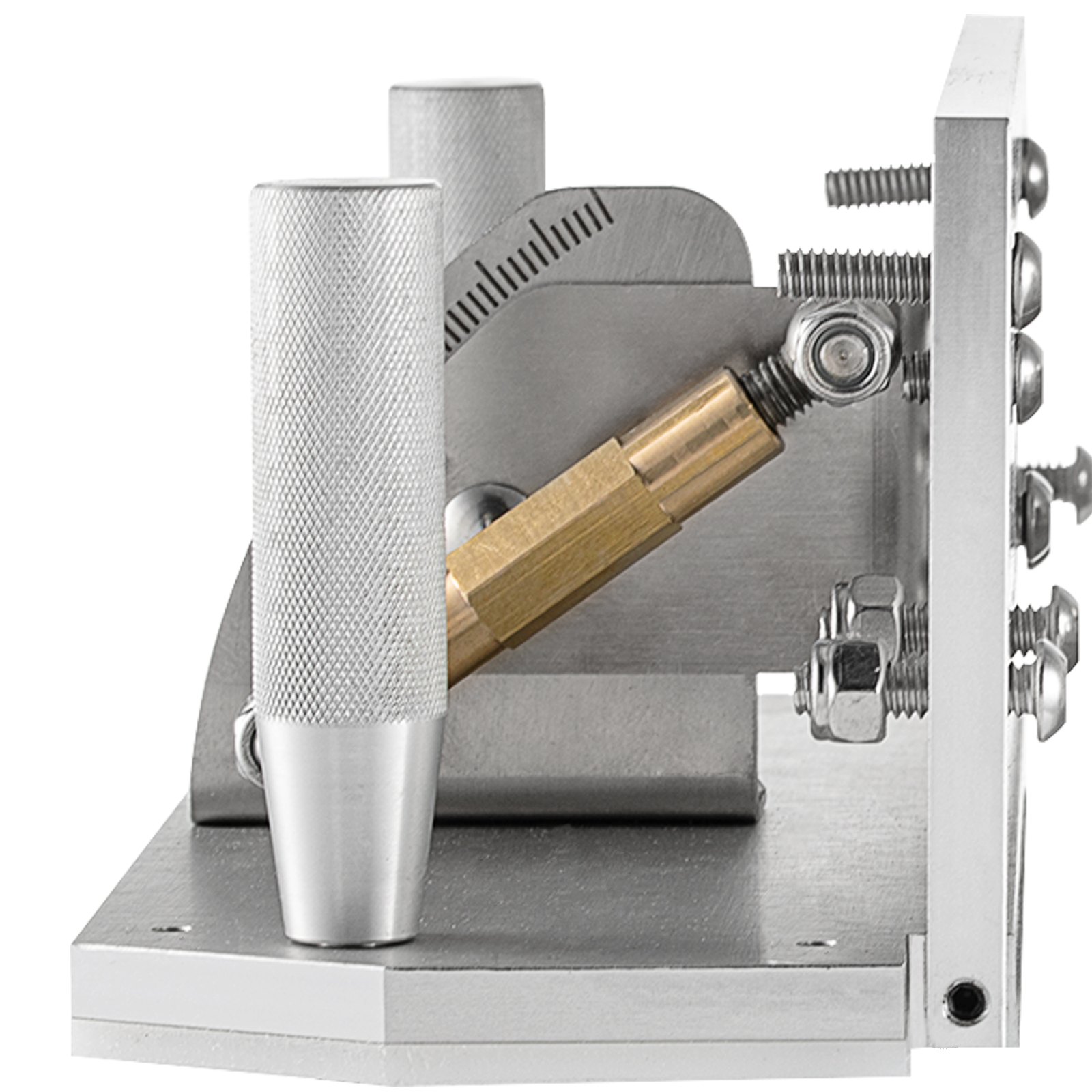 close-up of a VEVOR belt grinder knife jig with adjustable angle markings.